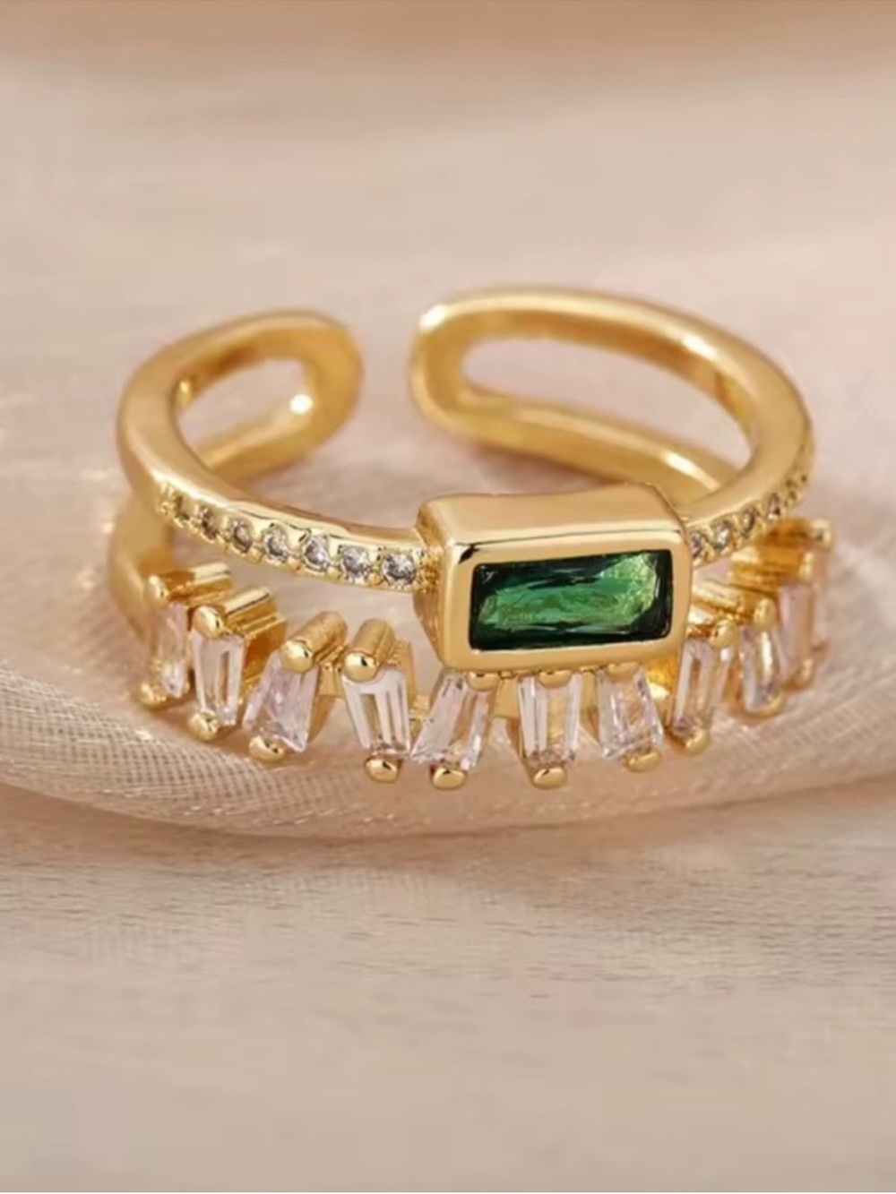 Gold Ring with Emerald Green Crystal and Clear Baguettes
